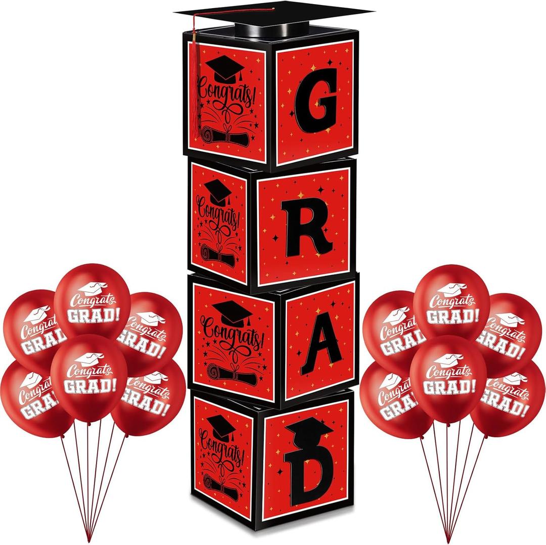 Gejoy 2025 Red and Black Graduation Decorations Prom Boxs Decorations 2025 Graduation Balloon Boxes with Letters Grad Cap for Grad Party School Home College
