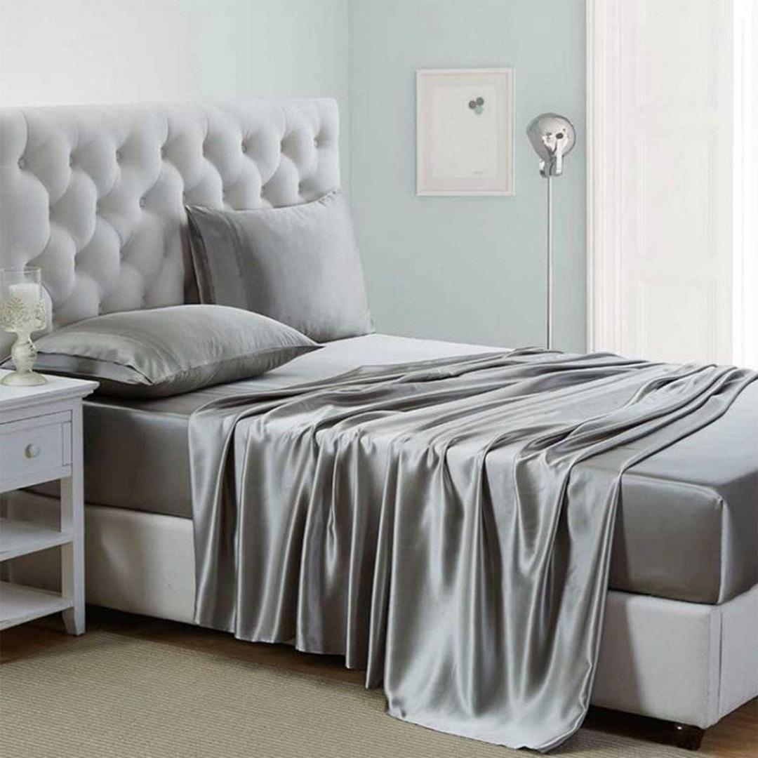 Lanest Housing Silk Satin Sheets, Full Size Satin Bed Sheet Set with Deep Pockets, Cooling Soft and Hypoallergenic Satin Sheets  - Light Gray