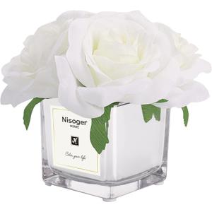 Nisoger Artificial White Silk Rose Bouquet in Vase - Faux Flower Arrangement for Home Decoration