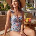 Aleumdr Women's One Piece Swimsuits Tummy Control Bathing Suits V Neck Boho Tie Shoulder Ruched Full Coverage Swimwear (Blue, M)