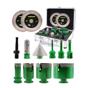 Tile Hole Saw Kit 12pcs- KURSTOL Diamond Core Drill Bits 6/8/10/20/35/50/65MM+4/5'' Finger Bit+2'' Chamfer Bit+2pcs 4-1/2'' Cutting & Grinding Disc+Adapter for Tile Porcelain Ceramic Granite Marble