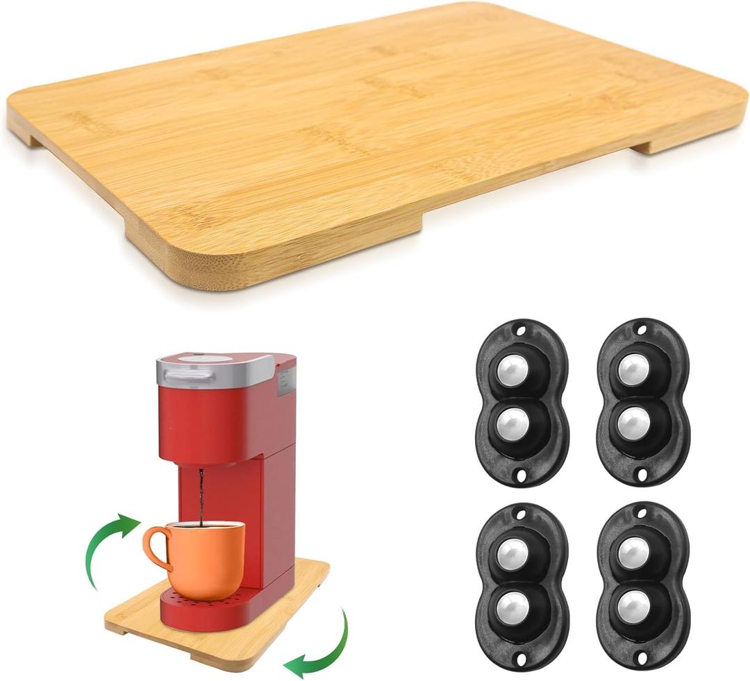 Appliance Slider 360 Rolling Tray for Coffee Maker Bamboo Coffee Pot Slider Tray Countertop Rotation Sliding with Wheels, Small Appliances Mat Natural(Small 13.9"9.4")