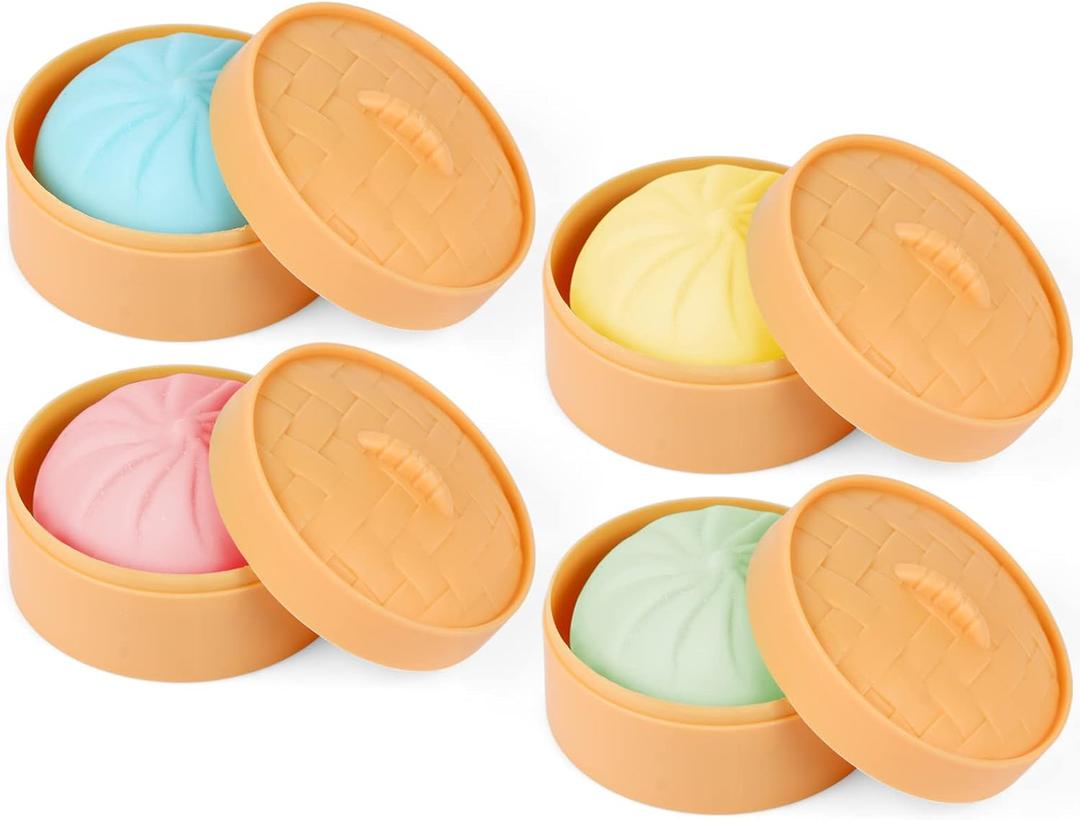 MEIEST 4 PCS Colorful Dumpling Stress Balls Fidget Sensory Toy,Squeeze Dough Ball Stress Relief Hand Toy,Bun with Food Steamer Stretchy Desk Toys