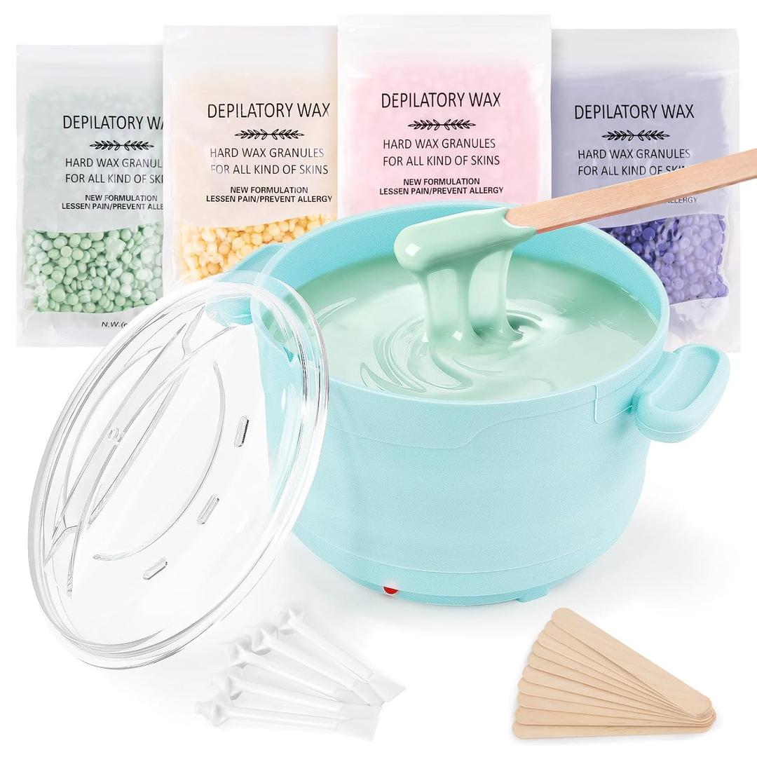 Waxing Kit, Foldable Wax Warmer with 4 Packs Hard Wax Beads, Silicone Wax Pot Machine for Full Body, Face, Eyebrows, Legs, Bikini, At Home Hair Removal Kit with 15 Accessories for Women Men, Green