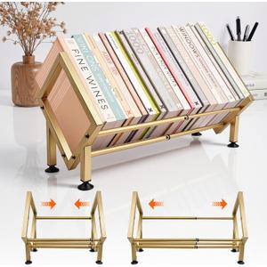 Expandable Desktop Bookshelf Organizer, Small Tabletop Book Storage Rack, Portable Mini Bookcase for Books/CDs/Magazine Display, Desk Shelf for Top of Desk in Living Room, Office, Home Decor (Gold)