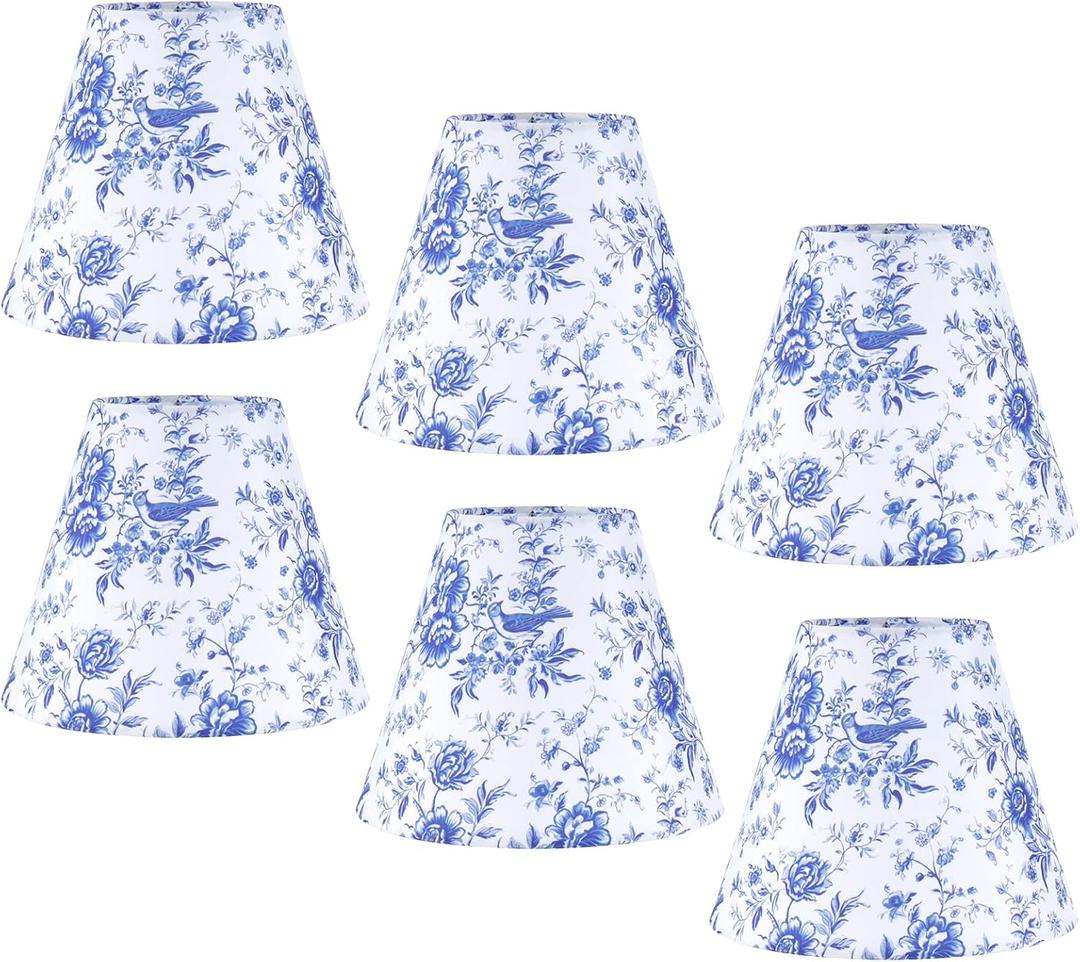 6 Pcs Chandelier Shades Small Chinoiserie Lamp Shade Toile Clip Bulbs Lampshade Blue Floral Lamp Chimney Cover Decorative Countryside Chandelier Lamp Shade (3 x 6 x 5 Inch)