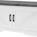 HOMSHO 2-Tier Storage Bench, 39.4" Wide Shoe Bench with Padded Seat Cushion, Entryway Bench with 2 Barn Doors and Adjustable Shelf, White