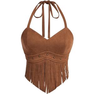 OYOANGLE Women's Plus Size Fringe Halter Top V Neck Beaded Cowgirl Western Suede Crop Top, 3XL
