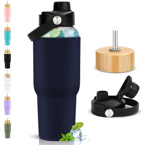 PROBTTL Glass Water Bottles 32 oz, 1 Liter Glass Tumbler, Borosilicate Water Bottle with Straw, Silicone Sleeve, 2 Lids - Handle Spout & Bamboo Straw Lid, Fits Car Cup Holder, (Navy Blue)