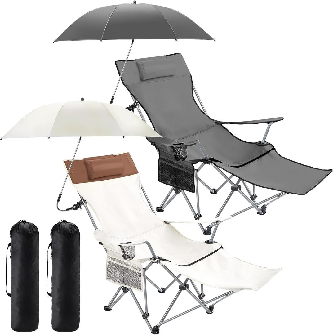 Yuntau 2 Set Reclining Beach Chairs with UPF 50+ Umbrellas, Upgraded Heavy Duty Portable Folding Lounge Camping Chair with Removable Footrest & Headrest for Outdoor Fishing Patio(Grey, White), 61.42 x 35.24 x 21.26 inches