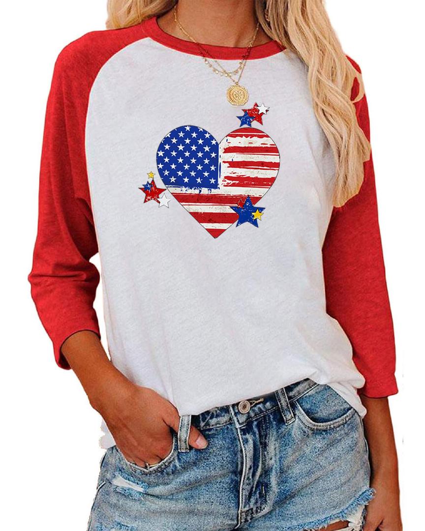 Women Color Block Shirts Novelty T-Shirts Stars and Stripes Print Tops Independence Day Shirt (White, XL)