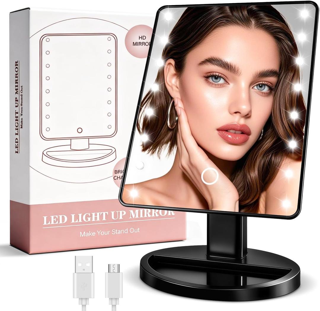 KOOKIN Lighted Vanity Makeup Mirror Led Lights 180 Rotation Lighted Mirror Touch Screen Adjusted Brightness Desk Mirrors USB Dual Supply Bathroom Beauty Cosmetic Mirrors (Black)