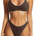 SUUKSESS Women High Waisted Thong Bikini Set Reversible String 2 Piece Swimsuit (Small, 56 Beige Brown)