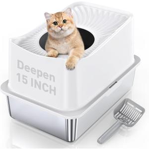 Stainless Steel Cat Litter Box, Large Top Entry Litter Box for Big Cats, Enclosed Kitty Litter Pan with Lid, Metal Cat Box Never Absorbs Odors, Easily Cleaning, Include Scoop (7 - White (Pack of 1))