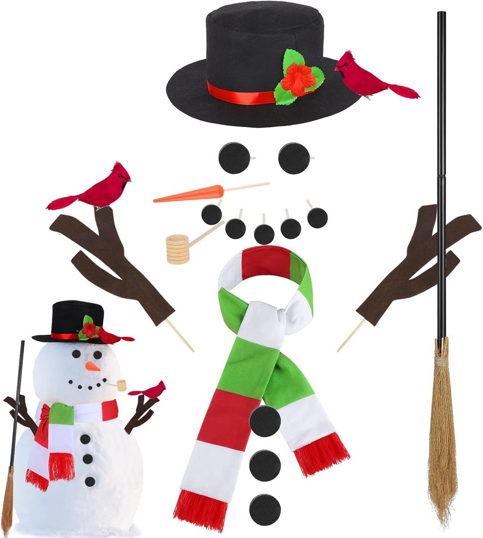 Aneco 19 Pieces Snowman Decorating Kit Snowman Making Kit with Hat Scarf Broom and Red Cardinals Ornaments Snowman Kit Winter Toys for Christmas Outdoor Snowman Decoration