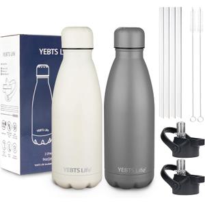 Insulated Water Bottle, 2 Pack-9oz Stainless Steel Water Bottles with straw lid, Metal Sports Water Bottles for Boys,Girls, Double Wall Vacuum BPA-Free Flask for Sports (Grey&Cream white)