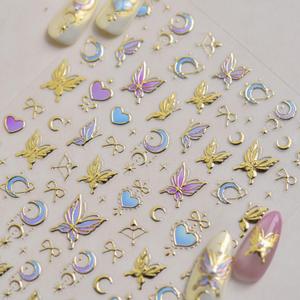 2 x 5D Embossed Butterfly Nail Stickers Heart Nail Art Stickers Spring Nail Decals Self-Adhesive Gold Butterfly Star Moon Nail Art Decals for Women Valentine's Manicure
