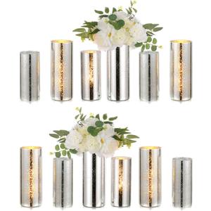 Glass Cylinder Vases Set of 12, Hewory Glittery Silver Vase for Centerpieces, Glass Hurricane Candle Holders for Pillar Floating Candle, Round Tall Vase for Wedding Anniversary Events Home Table Decor