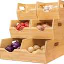 HOMESTEAD 3-Tier Bamboo Pantry Storage Bins – Stackable Potato & Onion Storage Bin with Handles, Fruit Basket & Produce Organizer for Kitchen Countertop, Pantry Organization, Set of 5