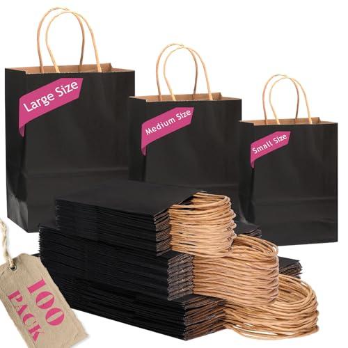 qiqee 100 pcs Black Paper Gift Bags with Handles Bulk Assorted Sizes(33pcs Large 13", 33pcs Medium 11", 34pcs Small 8")