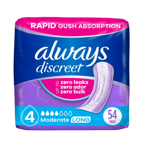 Always Discreet Adult Incontinence Pads for Women, Moderate Absorbency, Long Length, Postpartum Pads, 54 Count, 2 Packs