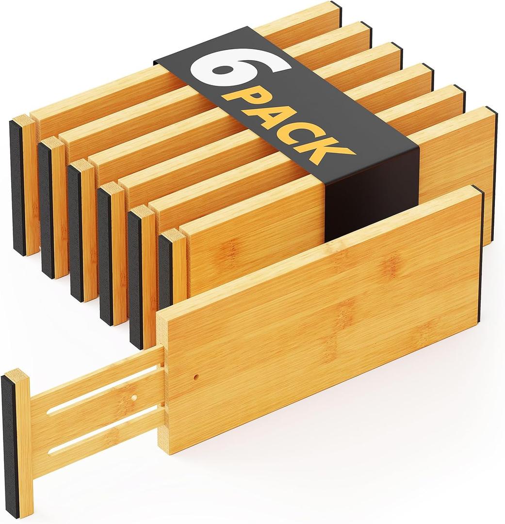 SpaceAid Bamboo Dresser Drawer Dividers 6 Pack, 4.65 High Adjustable 12.5-17 Drawer Organizers, Expandable Organization for Clothing, Clothes, Dressers, Natural