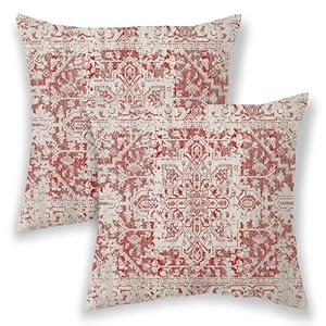 Boho Pillow Covers 20x20, Christmas Wine Red Cream Ethnic Design Outdoor Decorative Throw Pillows for Couch, Carpet Pattern Decor Cushion Cover 2 Pcs Farmhouse Linen Pillowcase for Bed Car Safa