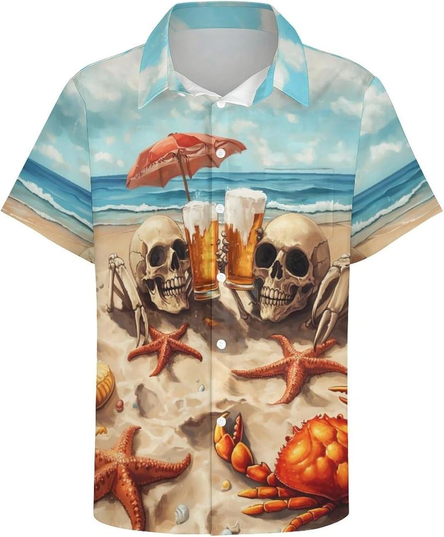 Mens Beer Skull Print Button Down Shirt Fun Hawaiian Shirts Casual Beach Shirt Short Sleeve (Blue, XXXL)
