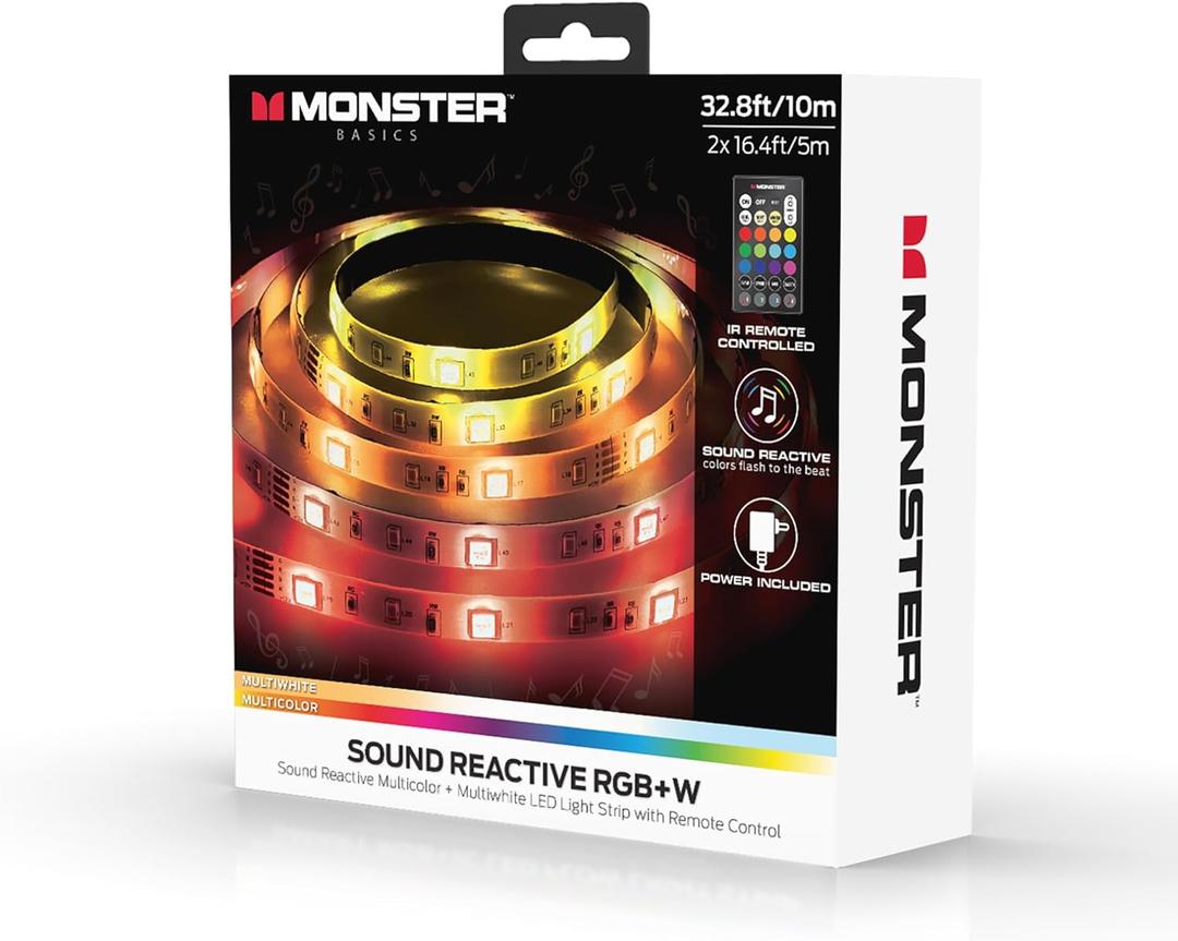 Monster 32.8ft Music Reactive LED Strip with 120 LEDs, 12V Power Adapter, with Remote, Xtreme Easy Use (32.8 Feet)