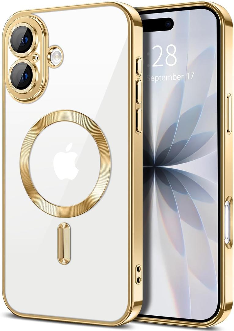 Hython Magnetic Clear for iPhone 17 Case with Camera Lens Protector [Compatible with MagSafe] Luxury Plating Edge Slim Soft TPU Cover Protective Phone Case for iPhone 17 6.3", Gold