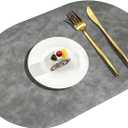 Oval Leather Placemats Set of 6 Washable,Heat Resistant Table Mats for Dining Table, Durable and Easy to Clean for Daily Use (Dark Gray)