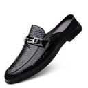 Men's Patent Leather Slip-On Dress Mules Slippers Fashion Printing Comfort Round Toe Low Heel Open Backless Casual Clogs Loafers with Metal Buckle Decoration, Size 43