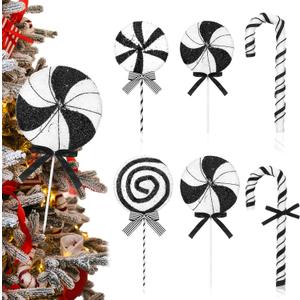 6 Pcs Black and White Candy Christmas Ornaments 16 Inches Lollipop Christmas Picks for Tree Large Peppermint Candy Cane Lollipop Ornaments for Xmas Tree Topper Holiday Decor, 3 Size