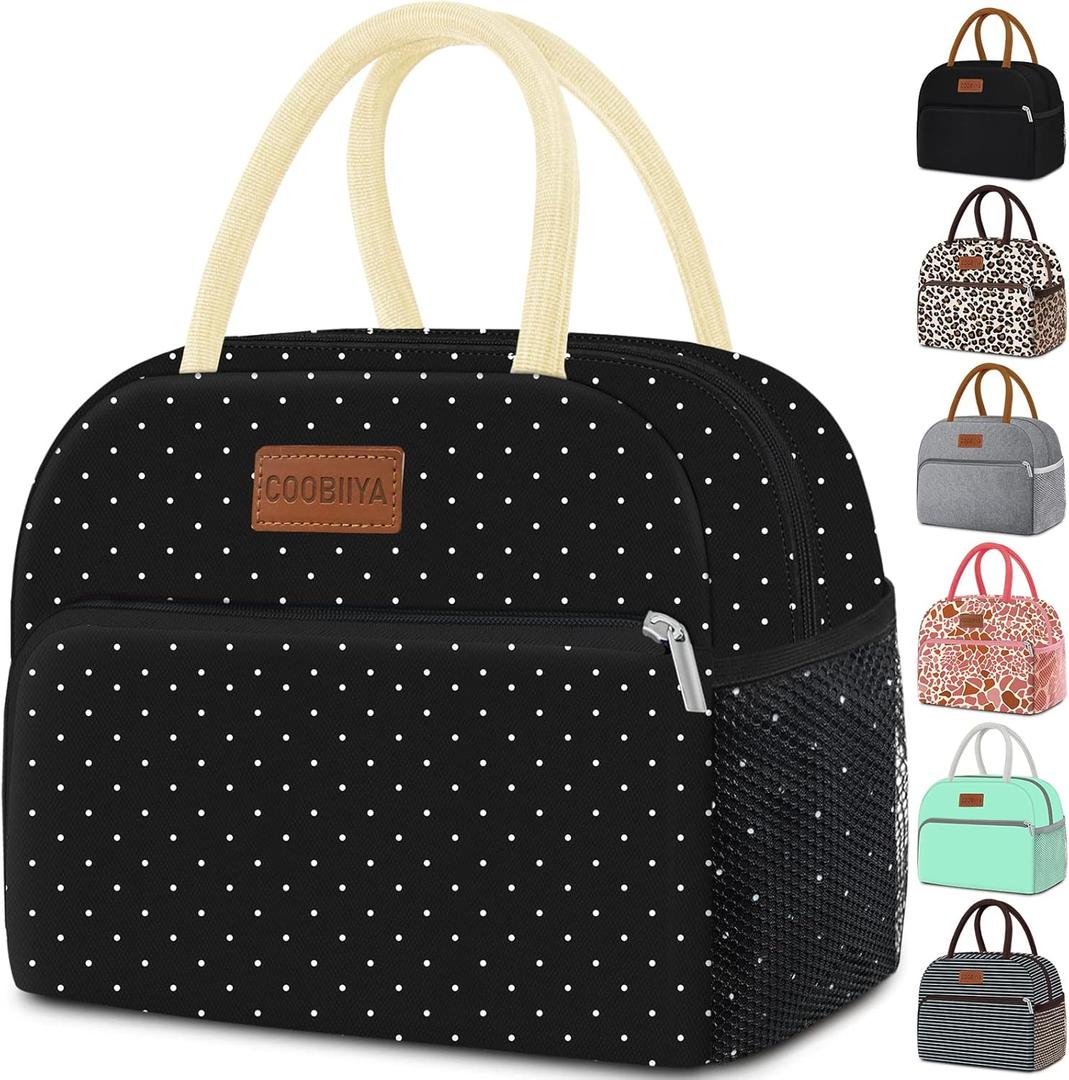 Coobiiya Lunch Bag Women, Lunch Box Lunch Bag for Women Adult Men, Small Leakproof Cute Lunch Tote Large Capacity Reusable Insulated Cooler Lunch Container for Work/Office/Picnic/Travel-Black Polka Dot