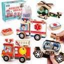 Emergency Vehicles 3D Puzzle Toy, HUZU Rescue Squad Wooden Snap Button Connection Building Blocks for Kids 3-8, Fire Truck Ambulance Police Car Helicopter Montessori Gifts for Preschool Children