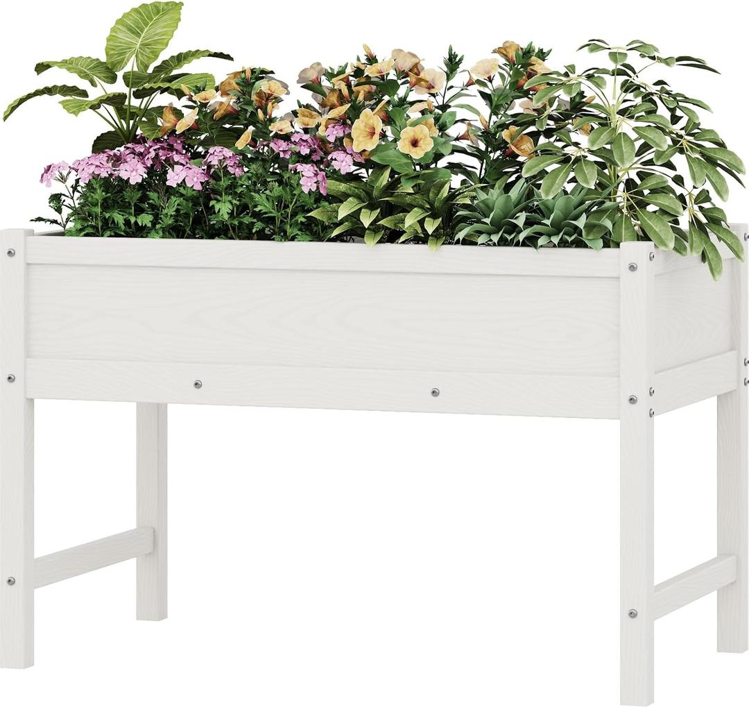 Weatherproof Raised Garden Bed, HDPE Outdoor Elevated Planter Box with Legs, Garden Box, Flower Beds for Patio, Deck, Balcony (White)