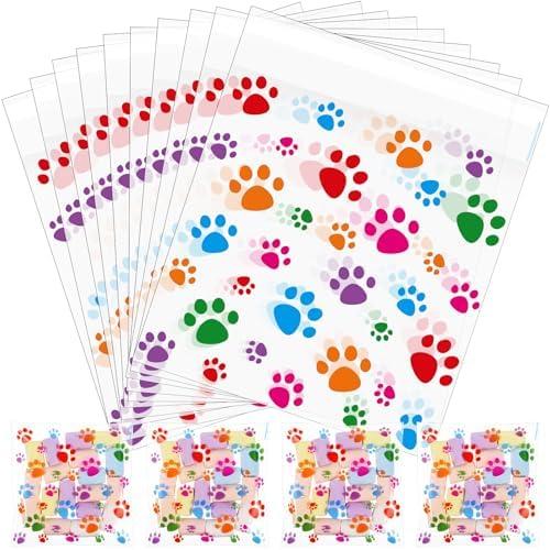 Pasimy 200 Pcs Paw Plastic Bags Pet Cellophane Bags Self-adhesive Clear Treat Pouches for Pet Dog Theme Party Supplies Decor(Clear Colorful)