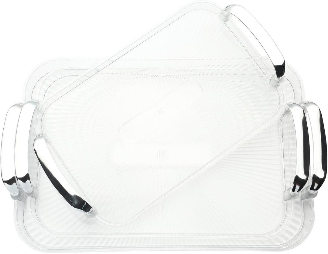 3 Pack Serving Tray with Handles, Stackable Reusable Trays for Serving Food, Plastic Serving Platters for Party, Charcuterie, Fruit, Appetizer, Transparent