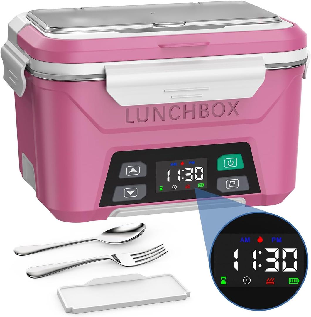 EAST OAK Cordless Electric Lunch Box for Adults, Heated Lunch Box Battery Powered with Automatic Heating, 5.5 Cups Portable Food Warmer with Removable Tray Divider (Pink)