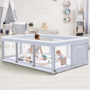 Baby Playpen 74"x50" Play Pens for Babies and Toddlers, Large Play Yards for Indoor & Outdoor with Zipper Gates, Breathable Mesh with Anti-Slip Base (Grey)