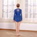 ODASDO Figure Skating Dress for Women Mesh Long Sleeve Sparkly Sequin Rhinestones Skirted Leotard Gym Ballet Dancewear (Blue, L)