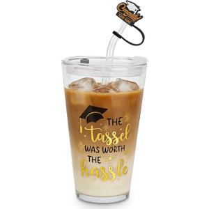 Graduation Gift Cup for Her and Him - Funny 16 Oz Glass Cup with Lid and Straw - The Tassel Was Worth the Hassle Printed - Perfect for College and High School Students
