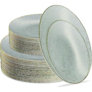 PLASTICPRO 64 Pack Elegant Disposable Plastic Plates Combo Set Includes 32 Dinner Plates and 32 Salad Plate Heavy Duty Fancy Party Plate Green Granite Plates with Gold Rim