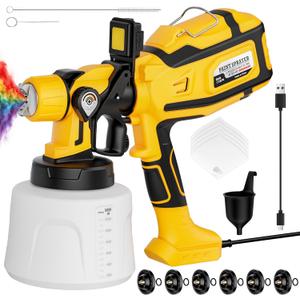 Paint Sprayer for House Painting, Paint Sprayer with 1000W Powerful Copper Motor, 1400ml (47oz) Container, 6 Brass Nozzles & LED Light, Easy to Clean for House, Fence, Furniture, Walls, DIY, Garden