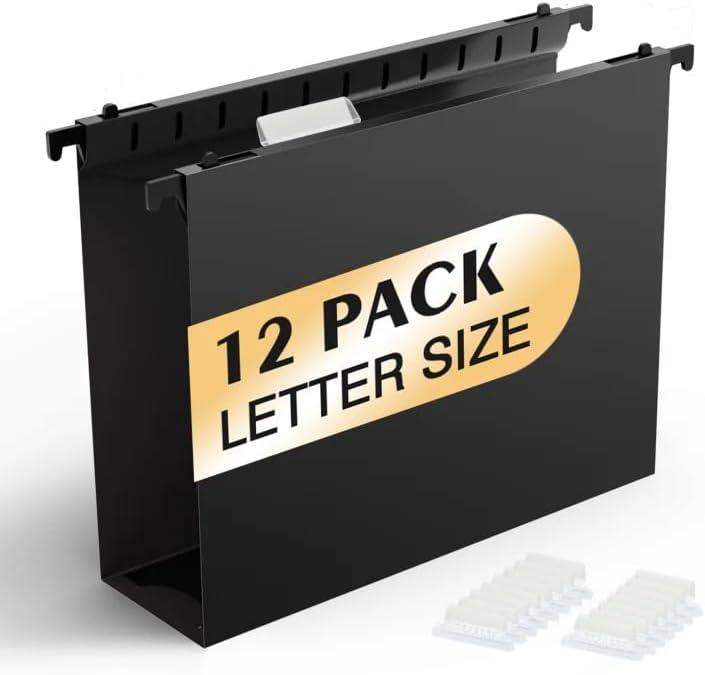 Shutex Extra Capacity Plastic Hanging File Folders,12 Pack Reinforced Hang Folders,Heavy Duty 2 Inch Expansion,Plastic Filing Cabinet Folders,Letter Size,Designed for Bulk Files, Medical Charts,Black