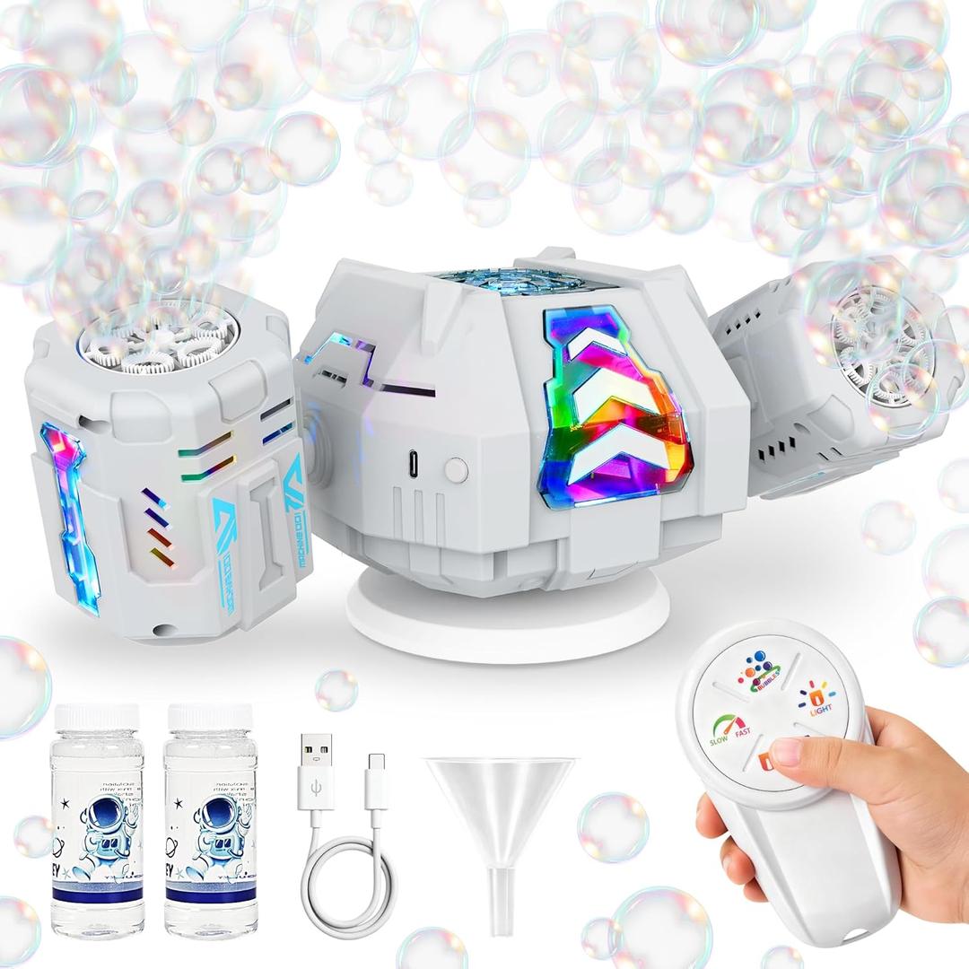 cossy Rechargeable Bubble Machine, 360 Automatic Rotation Bubble Machine for Kids, Bubble Maker with Remote Control, RGB Lights & 20000+ Bubbles Per Minute, Outdoor Toys Games for Kids/Adults (White)