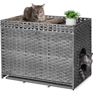 Cat Litter Box Enclosure with Soft Litter Mat; Hidden Kitten Washroom Furniture with Door; Handwoven Rattan Cat House with Large Space; Pet Crate for Living Room, Bedroom, Balcony (Grey) (30.3'' L x 18.2'' W x 24.2'' H)