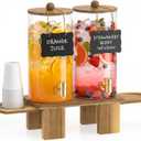 1.5 Gallon Drink Dispenser for Parties (2 Pack) - Glass Beverage Dispenser with Wood Stand, Stainless Steel Spigot & Coasters, Large Beverage Container for Hosting, BBQ, Lemonade, Juice & Iced Tea