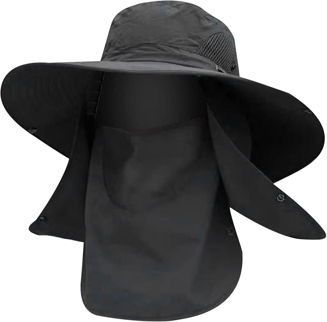 Fishing Hat for Men, UPF 50+ Removable Sun Protection Cap with Face Neck Flap, Hiking & Garden Summer Sun Hat for Women (US, Alpha, One Size, Black) (Black)