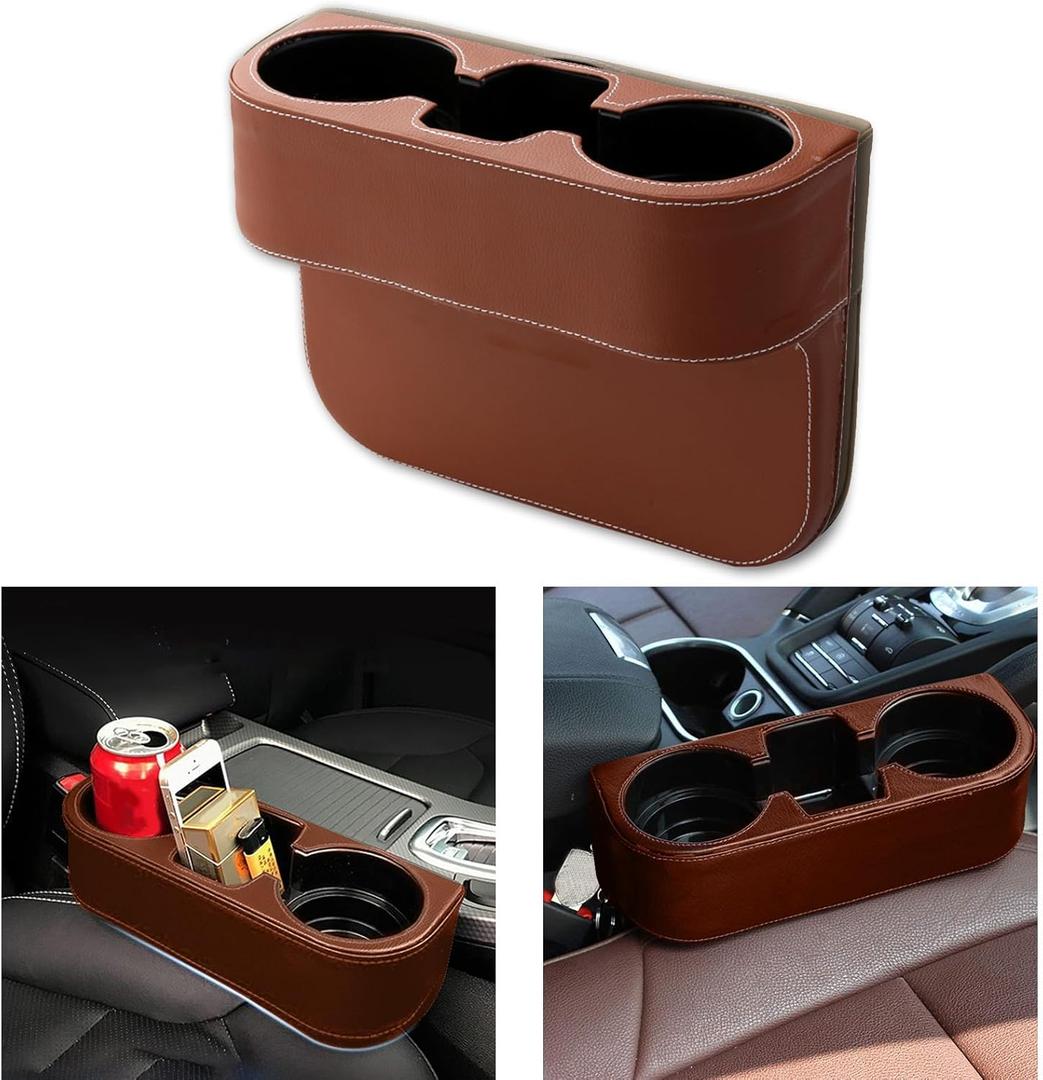 Car Cup Holder, Auto Front Seat Gap Interior Drink Organizer, Multifunctional Cup Drink Holders with PU Leather Cover, Gap Filler Storage Box Coin Bucket Console Side Pocket Key Wallet Holder (Brown)